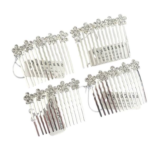 NWT 4 x 2.1" Rhinestone Flower Silver Plated Wedding Hair Combs - Picture 1 of 2